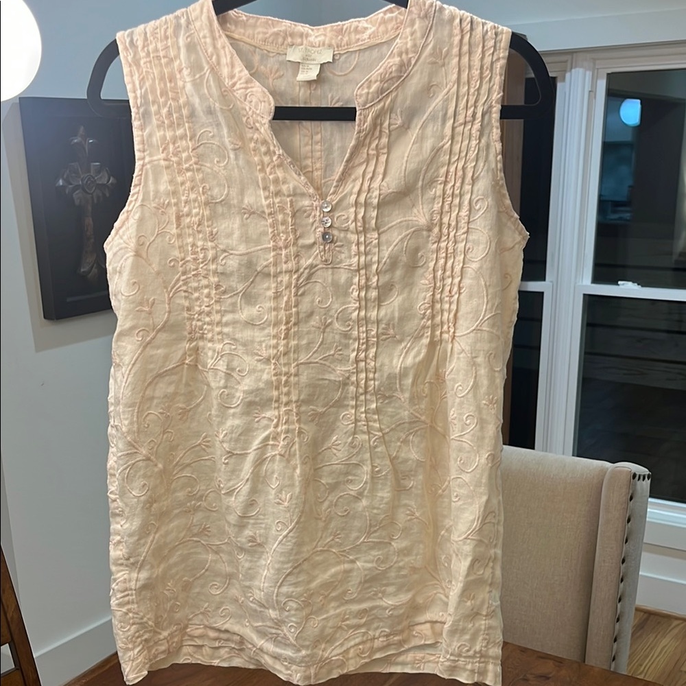 Saint Tropez West Sleeveless Embroidered Peach Linen Blouse
